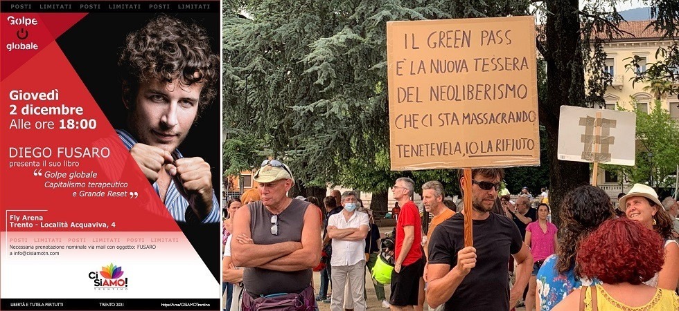 Diego Fusaro dopo lo “sfratto” del Museo Civico ospite all’evento dei No-Vax a Trento